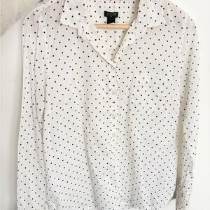 J. Crew White Long-Sleeve Polka Dot Button Pullover